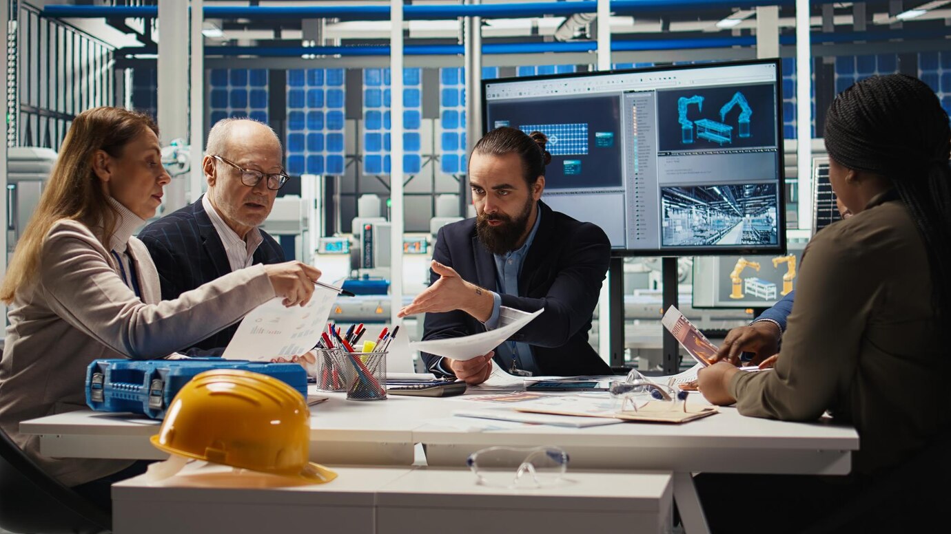 engineers-study-detailed-schematics-solar-panel-assembly-lines-factory_482257-120018